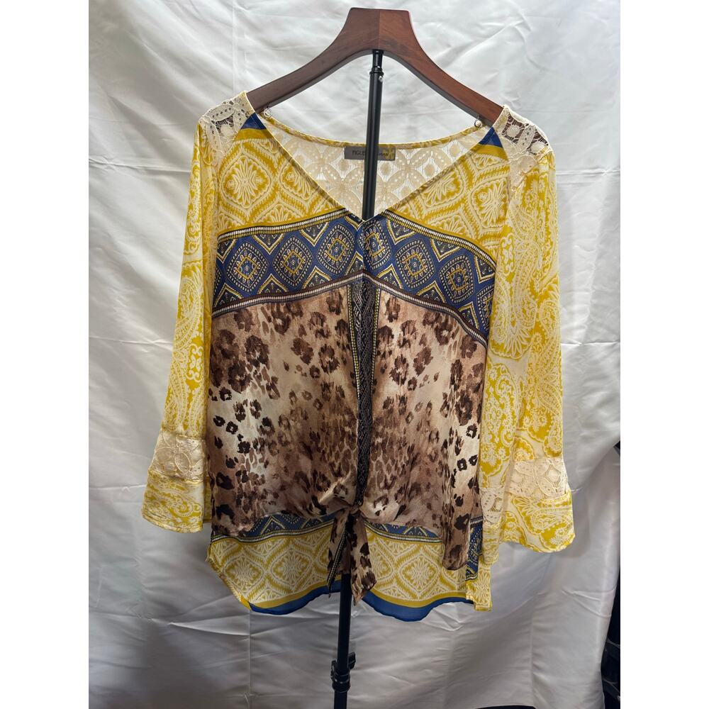 Figueroa and Flower Women’s L Cheetah Print and Yellow Paisley Lace Tie Front